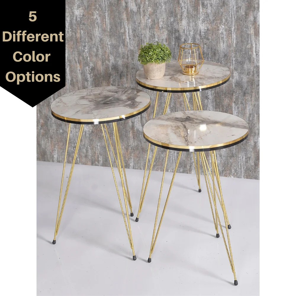 Modern Zigon Nesting Coffee Table Set Of 3 High Gloss Round Wood Gold Black Striped Tables With Gold Metal Legs for Living Room