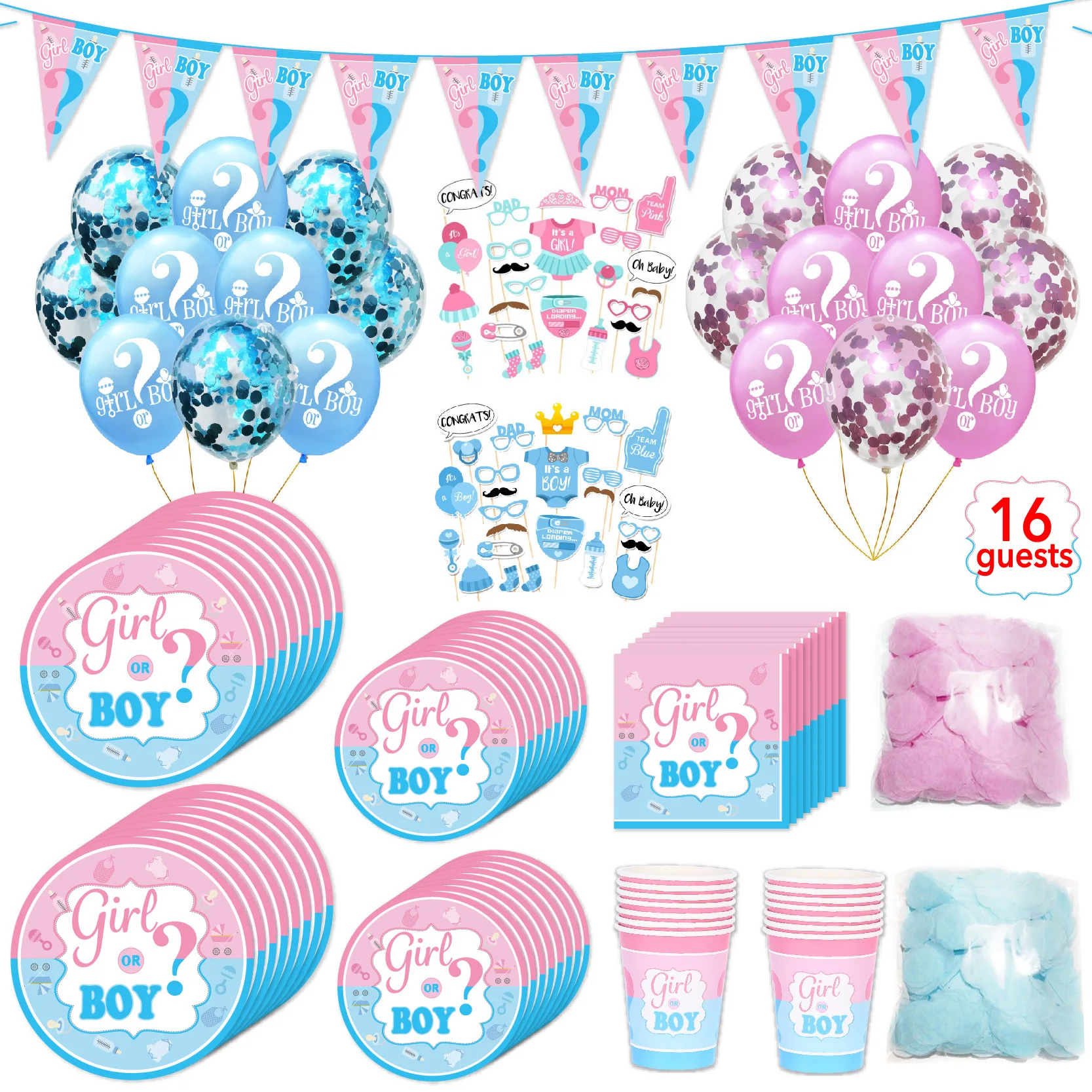 

16 Guest Gender Reveal Baby Shower Boy or Girl Disposable Tableware Set Plate Napkin Tablecloth Banner Party Supplies Decoration