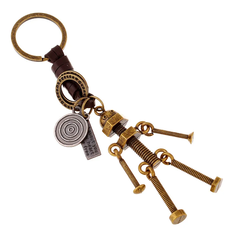 

Screw Robot Genuine Leather Keychain For Men Women Creative Punk Key Chains Vintage Car Key Chain Bag Pendant Gift For Friend