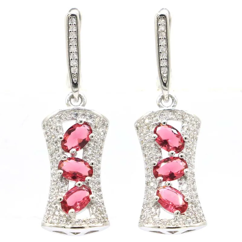 

37x12mm SheCrown Romantic Pink Raspberry Rhodolite Garnet CZ For Women Dating 925 Sterling Silver Earrings Drop Shipping