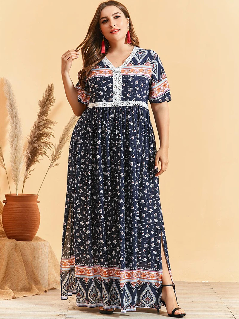 

Plus Size Women Fashion Navy Blue Print Lace Bohemian Summer Long One Piece Dress