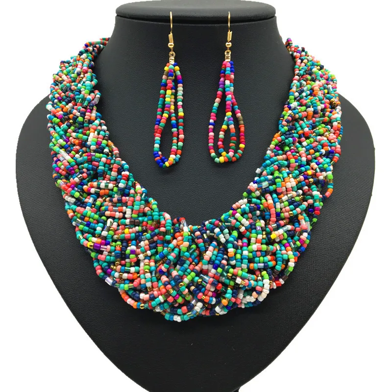

Fashion Choker For Women Jewelry Bohemian Necklaces Earring Set Handmade Woven Collier Tassel Trendy Lady Beads Statement Gifts