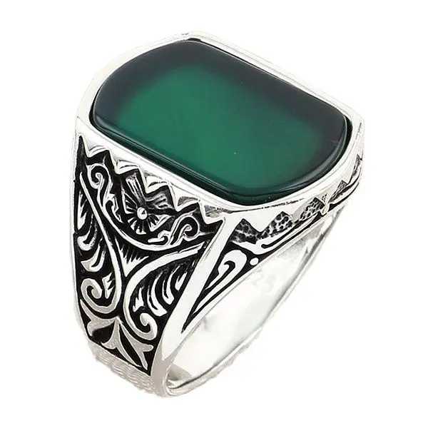 

Authentic Sterling Silver Mens Ring with Rectangle Green Agate Stone Made in Turkey 925 Sterling Silver Gift for Men