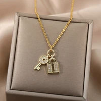 vintage lock key pendant necklace for women zircon key choker chain necklaces geometric 2022 aesthetic fashion jewelry gift