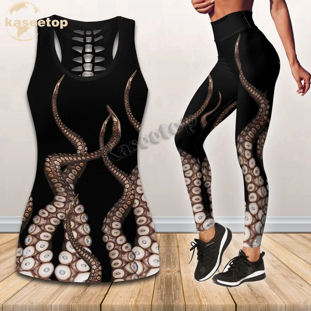 

Kaseetop Octopus Yoga Two Piece Yoga Set Women 3D Print Vest Hollow Out Hollow Tank & Legging Outfit Summer Casual Vest LK06