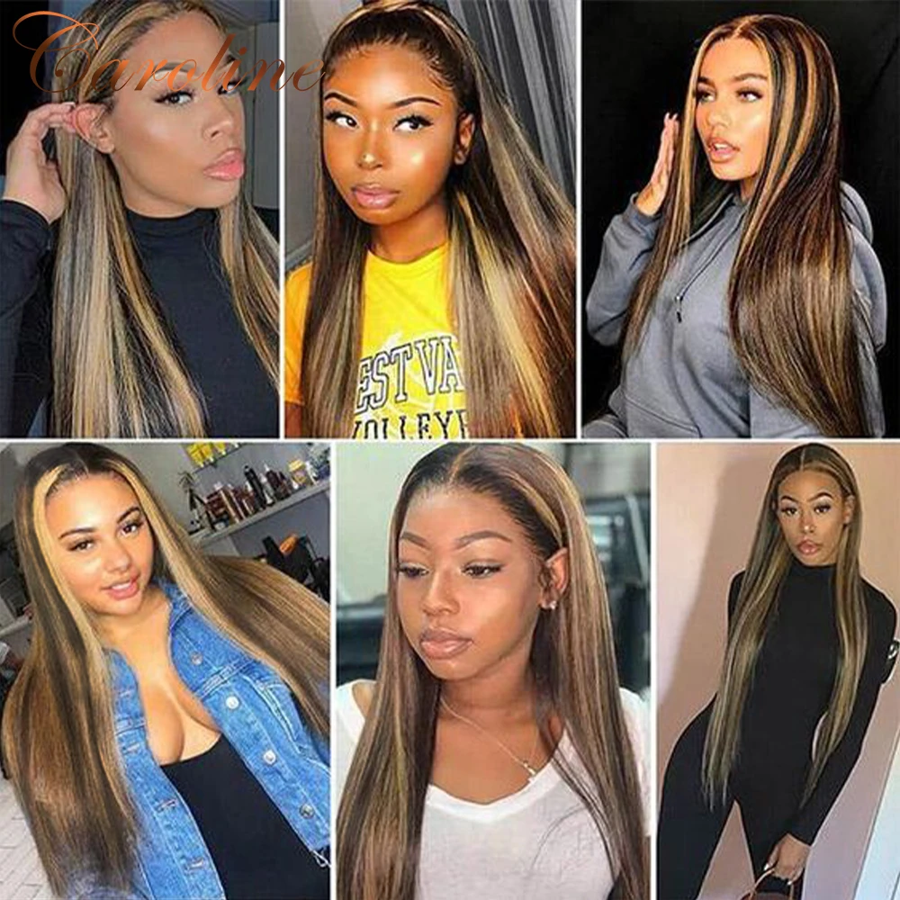 Highlight Lace Front Wigs 180 Full Density Straight Brazilian Human Hair Wigs For Black Women Ombre 13x4 HD Lace Frontal Wig images - 6