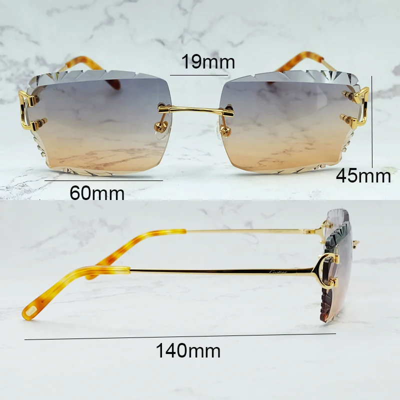 Rimless Sunglasses Men Carter Luxury Designer Vintage Sun Glasses Square Diamond Cut Fashion Shades Eyewear  Gafas De Sol