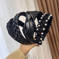 black wide cross leather hair band pearl headband french elegant autumn and winter scrunchies bow women vintage hair accessories
