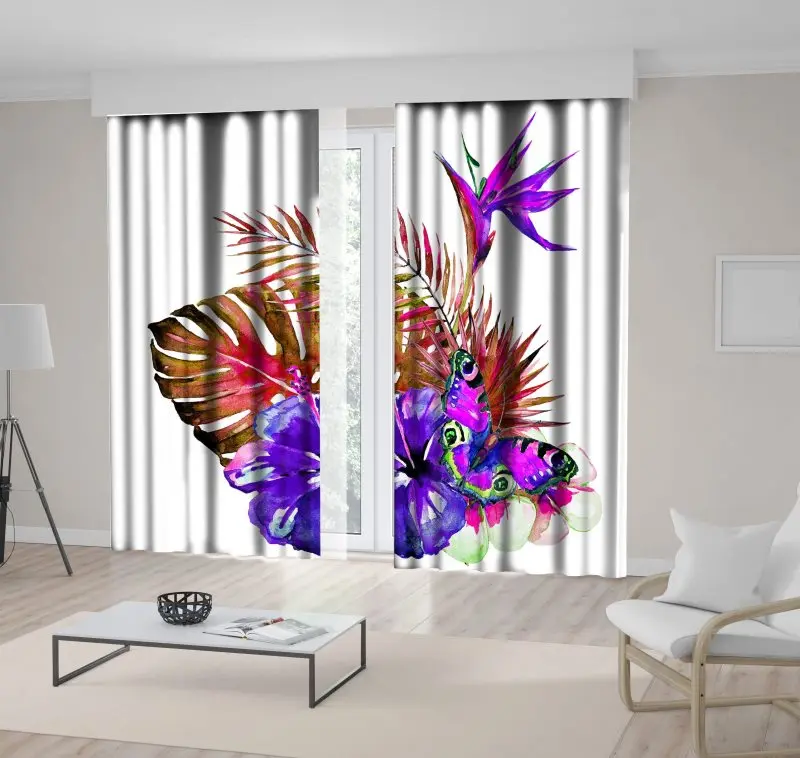 

Curtain Tropical Palm Leaves and Flowers Classic Watercolor Style Nature Artwork Purple