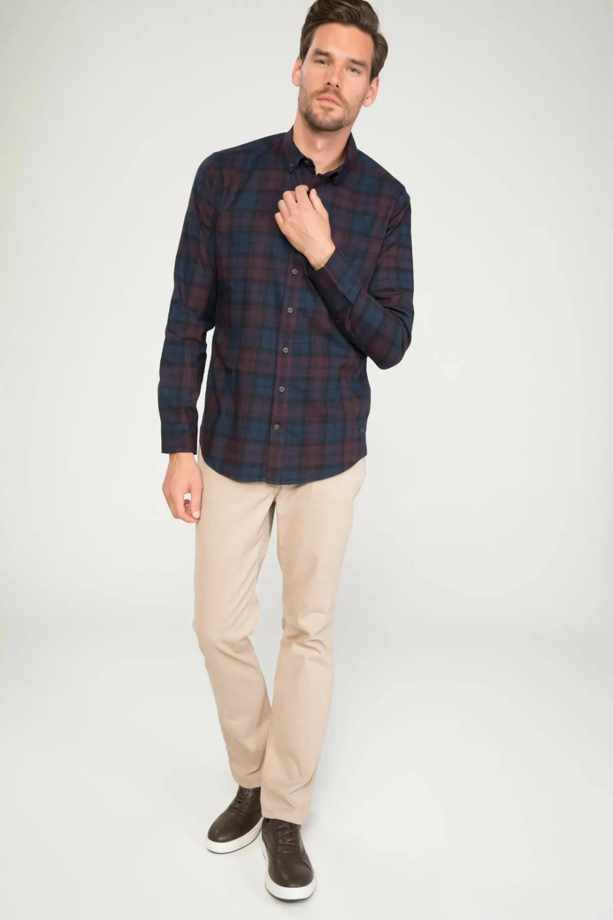 DeFacto мужская темно цветная рубашка с длинным рукавом повседневная клетчатая