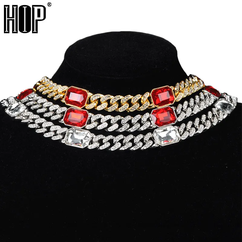 

Hip Hop 12MM Bling Iced Out Square Blue Red Gem Crystal Cuban Link Chain AAA Men's Necklace for Men Women Jewelry