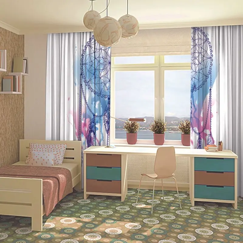 Занавеска Ловец снов с перьями акварельный эффект Богемный Хиппи стиль