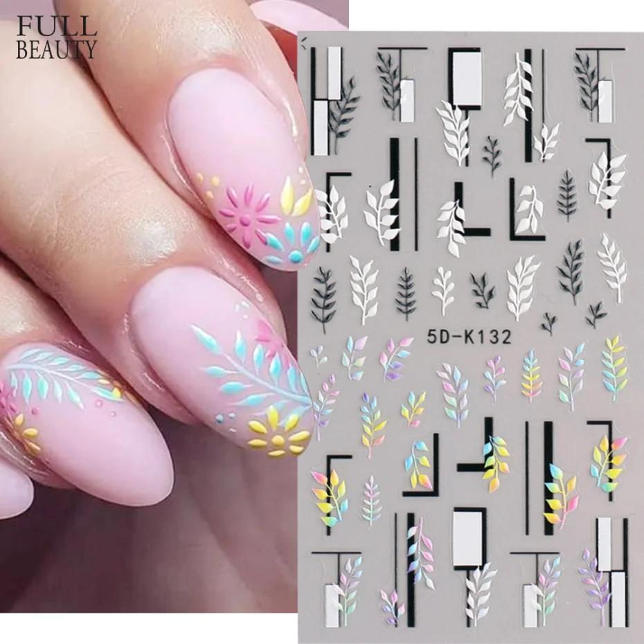 

5D Iridescent Leaf Stickers For Manicure Engraved Embossed Decal Geometric Lace Foam Design Slider Nail Art Decoration LA5D-K132
