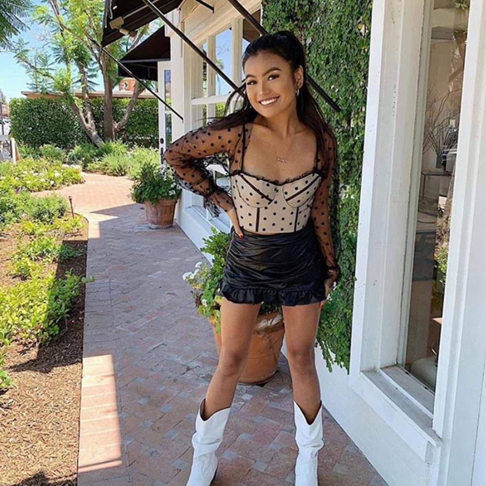 УКОРОЧЕННЫЙ ТОП UCNYE в горошек сетчатый с вырезом сердечком оборками Женский Топ