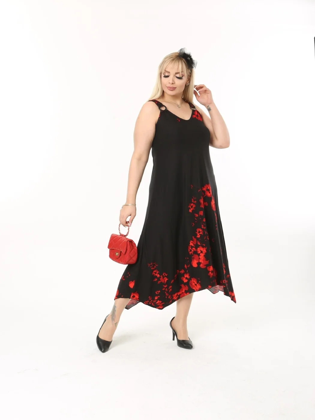 

Plus Size Women Clothing 2022 Asymmetrical Sleeveless Dress Red Poppy Pattern Ankle-Length Lycra Knitted Viscose Made in Turkey