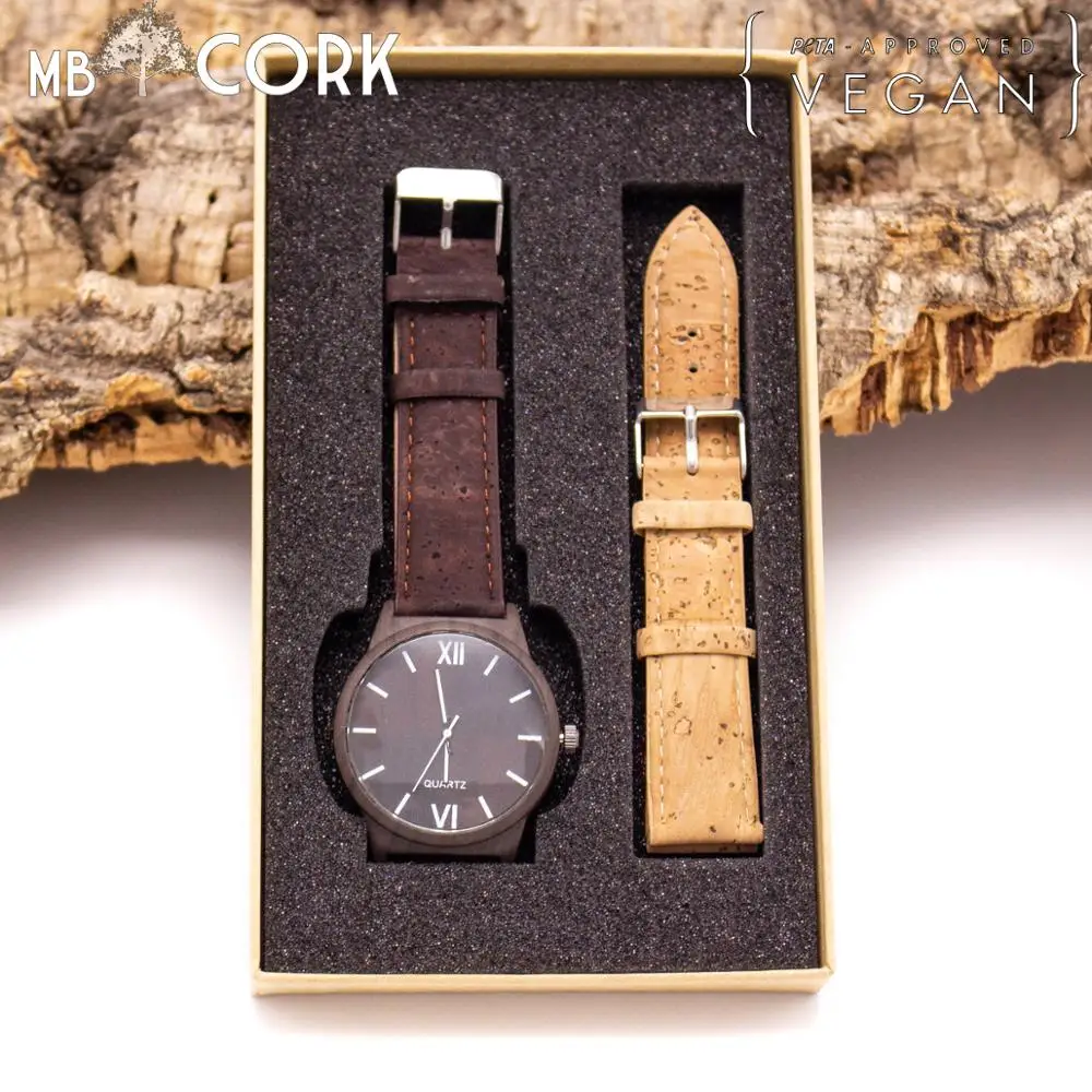 Часы с коричневым пробковым ремешком в коробке унисекс цвет дерево|Кварцевые
