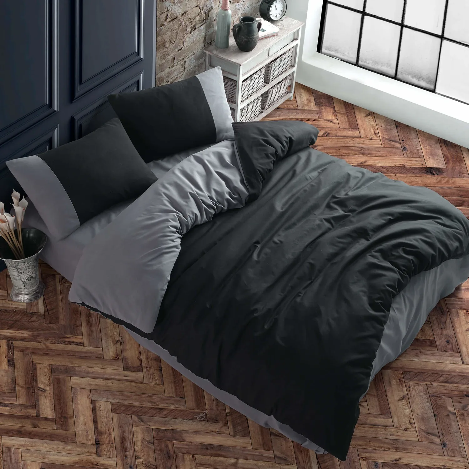 

Plain Black Gray Ranforce Double Duvet Cover Set