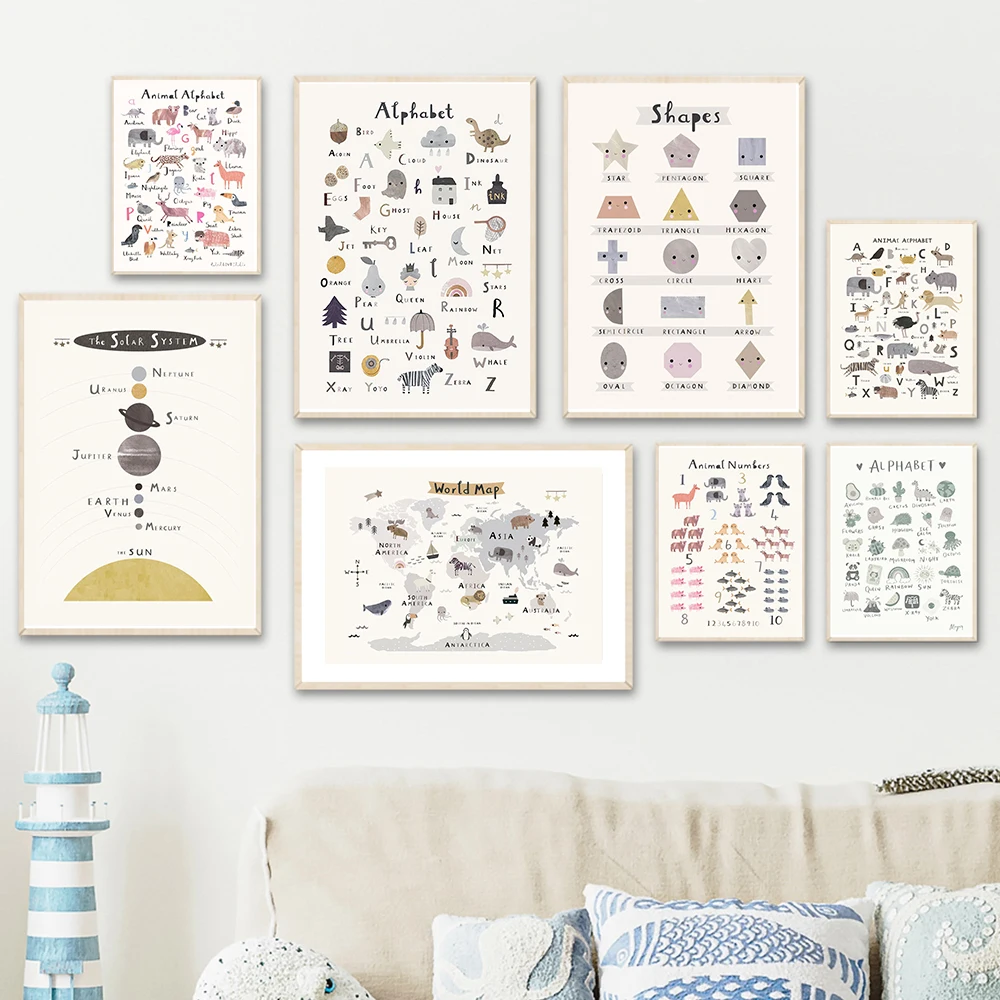 

Alphabet Numbers Solar System Shapes Animal Map Nordic Posters Canvas Painting Wall Art Pictures Prints For Kids Room Home Decor