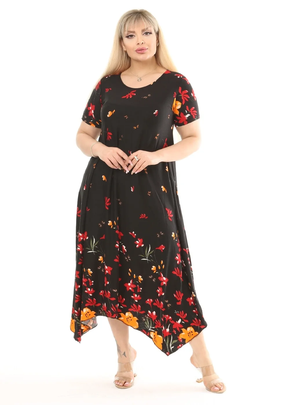 

Plus Size Women Clothing 2022 Casual Asymmetrical Dress Fire Flowers Pattern Ankle-Length Lycra Knitted Viscose Made in Turkey