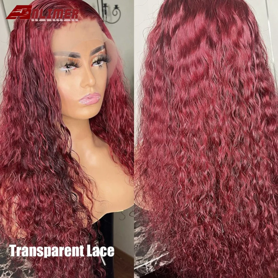 

Burgundy Water Wave 13x4 Lace Front Human Hair Wigs 99J Red Remy Brazilian Deep Curly 4x4 Lace Closure Wigs Wine Red Colored