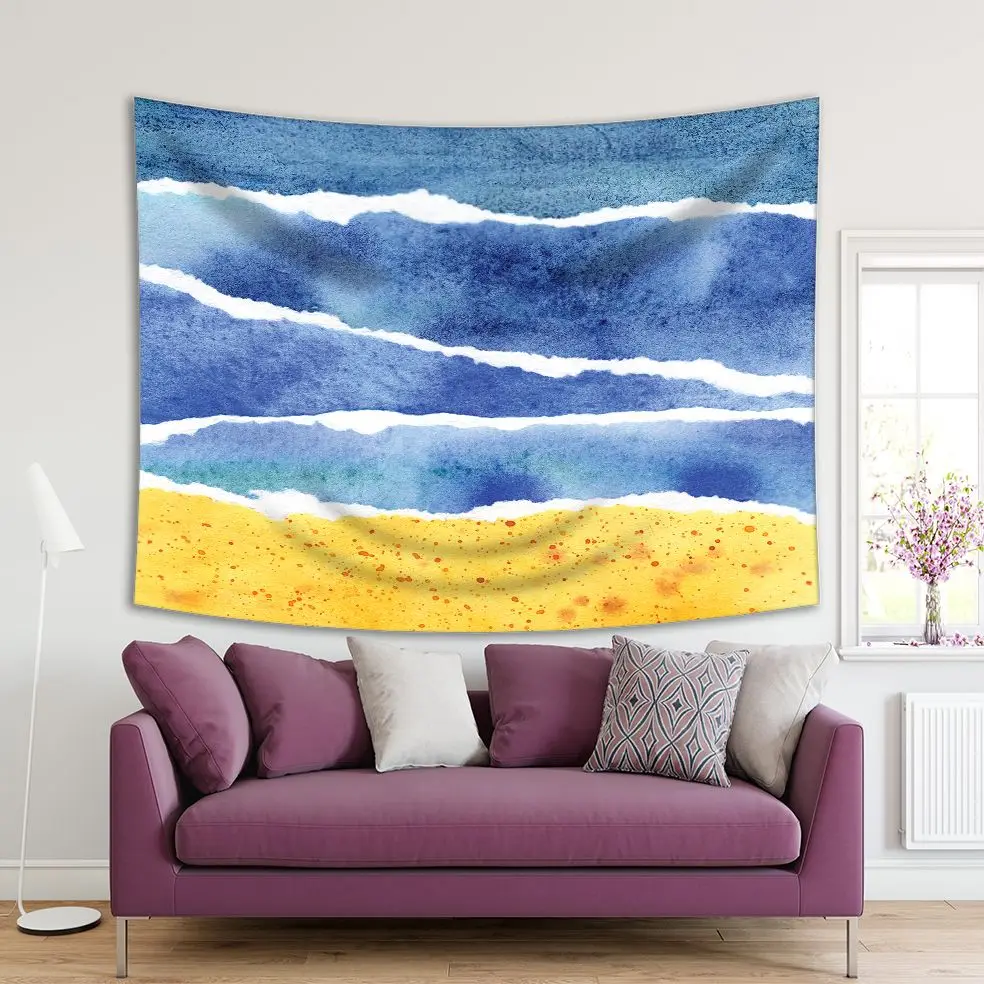 

Tapestry Abstract Waves Sea Ocean and Standy Beach Summer Days Watercolor Artwork Printed Blue Yellow