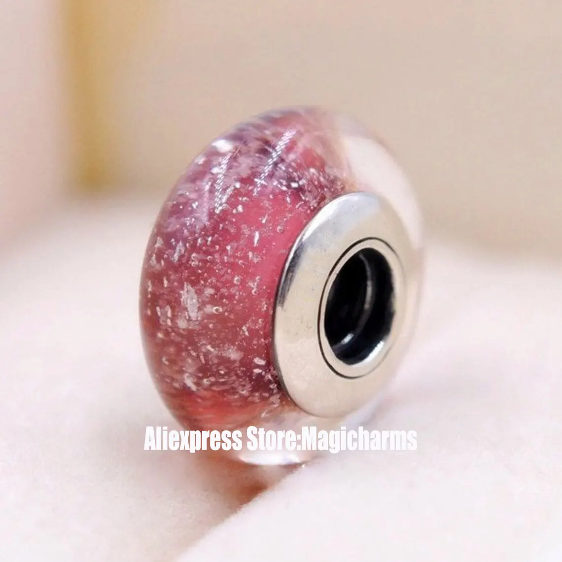 

925 Sterling Silver Anna Pink Fluorescent Murano Glass Charm Bead For Pandora European Bracelet