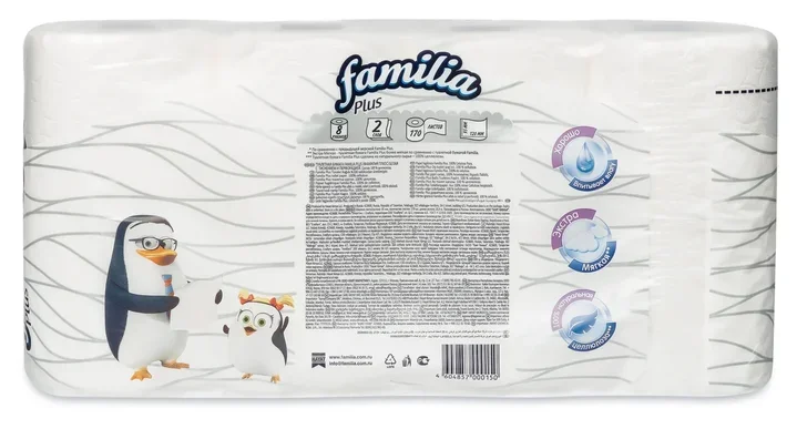 Туалетная бумага FAMILIA PLUS Белая 2 слоя 8 рулонов|Бумажные столовые салфетки| |