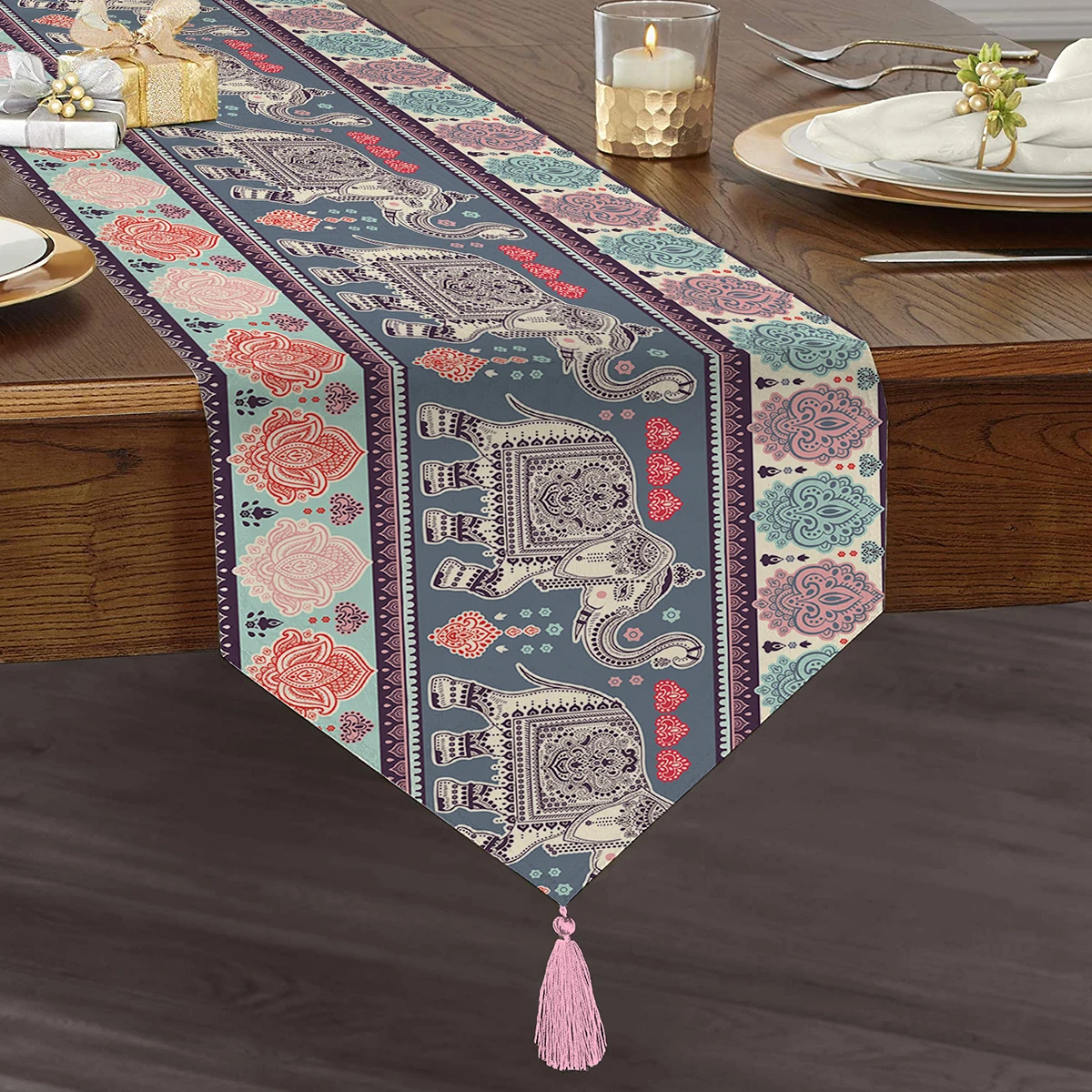 

Ethnic Patterned Patterned Digital Printed Decorative Tasseled Chenille Triangle Runner Vivid Colors Home Decor Kitchen