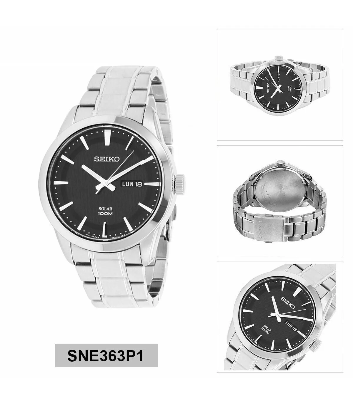 Мужские водонепроницаемые часы Seiko SNE363P1 черный циферблат 43 мм стальной ремешок 100