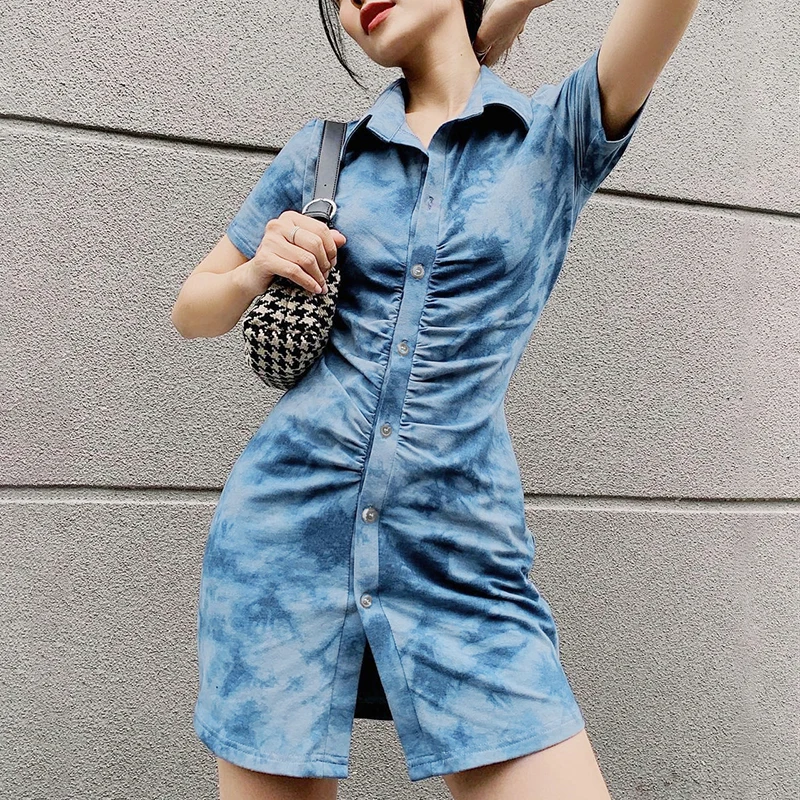 

Tie Dye Blue Mini Dress y2k Vintage Knitted Skinny Short Dress Single-Breasted Women Short Sleeve Sundress Korean 2021