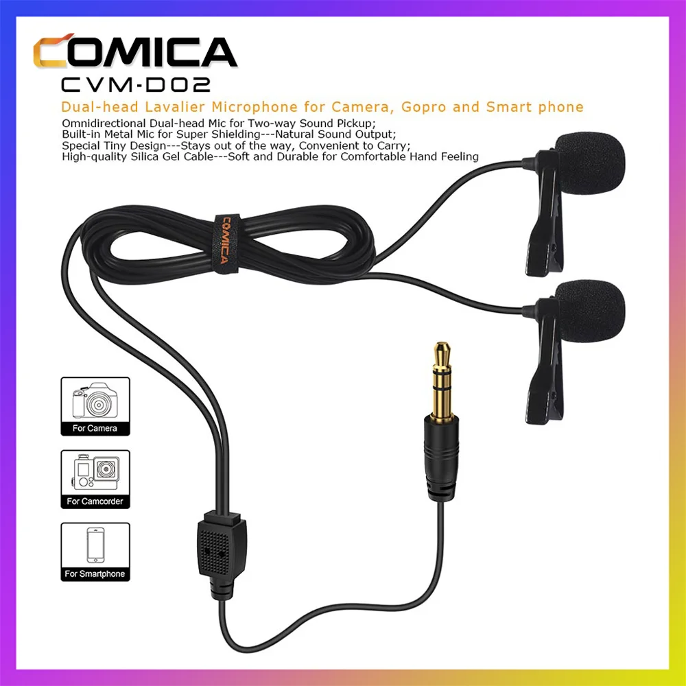 Портативный петличный микрофон Comica CVM-D02 с двумя головками для телефона камеры ПК