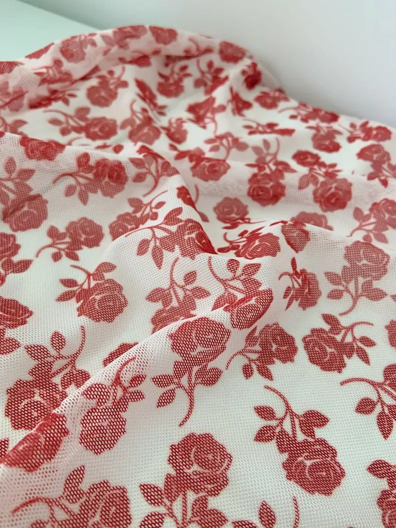 

4 way Stretch Printed Tulle Lace Fabric With Red Roses, Ivory Elastic Tulle Fabric