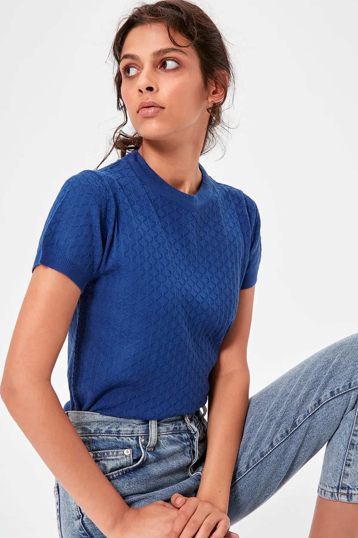 Trendyol Индиго короткий рукав сетка детализированный Bluz TWOAW20BZ0666