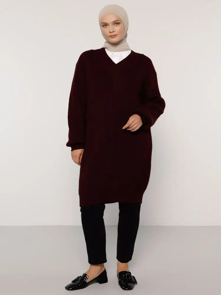 

V Neck Knitwear Sweater Winter Thick Soft Long Sleeve Knit Fabric Muslim Fashion Tops For Women Hijab 2021 Autumn Winter