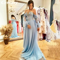 sky blue prom dresses lace appliques prom gowns long sleeve corset evening gowns off shoulder formal party dress robe de bal