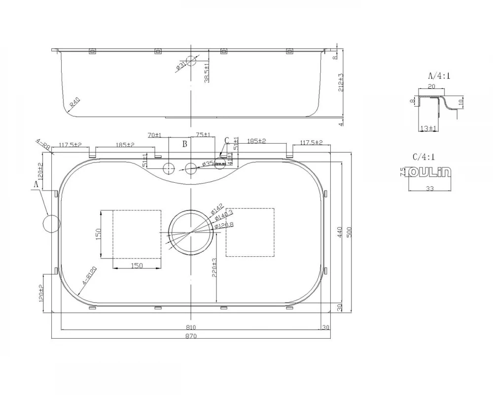 Кухонная мойка Oulin OL-330. Одна чаша. Нержавеющая сталь. Шумопоглощающие накладки.