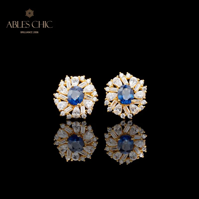6prs 18K Gold Tone Oval Sapphire 1.02ct Floral Wedding Studs Solid 925 Silver Renaissance Gemstones CZ Flower Earrings 5904