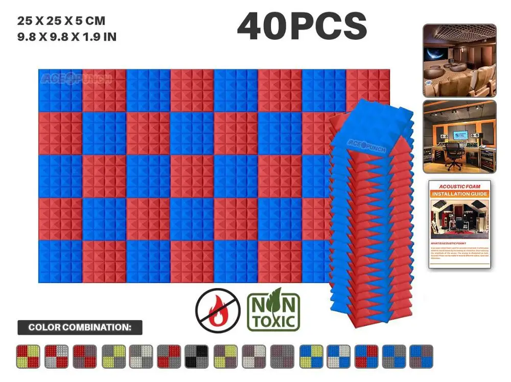 Blue and Red Arrowzoom 40 шт. в упаковке цветная комбинация 9," x 9,8" x 1," Пирамида плитка студия Звукопоглощающая Панель акустическая пена AZ1034 - Цвет: Blue and Red