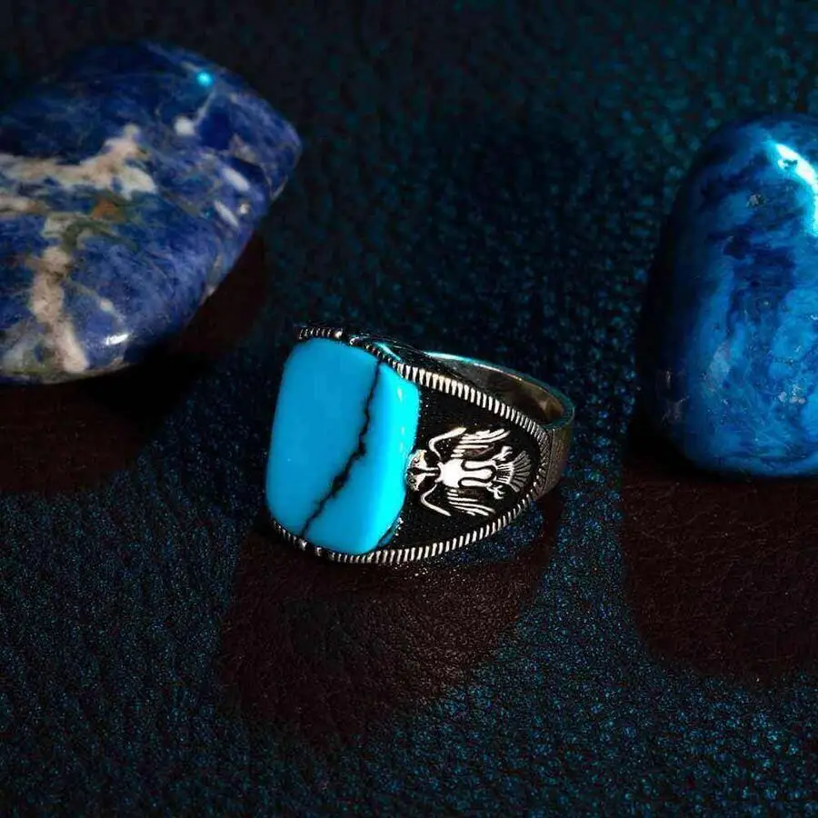 

Silver Men Turquoise Gemstone Double Eagle Motif Ring 925 Sterling Silver Handcarved Men Jewelery Men For Gifts