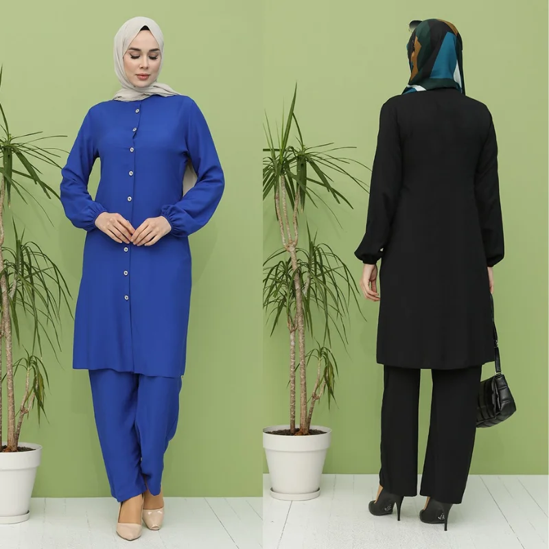 

2 Pieces Tunic Trousers Women Muslim Hijab New Season Kaftan Eid Suits Button Up Quality Fabric Elastic Waist Trousers Turkey