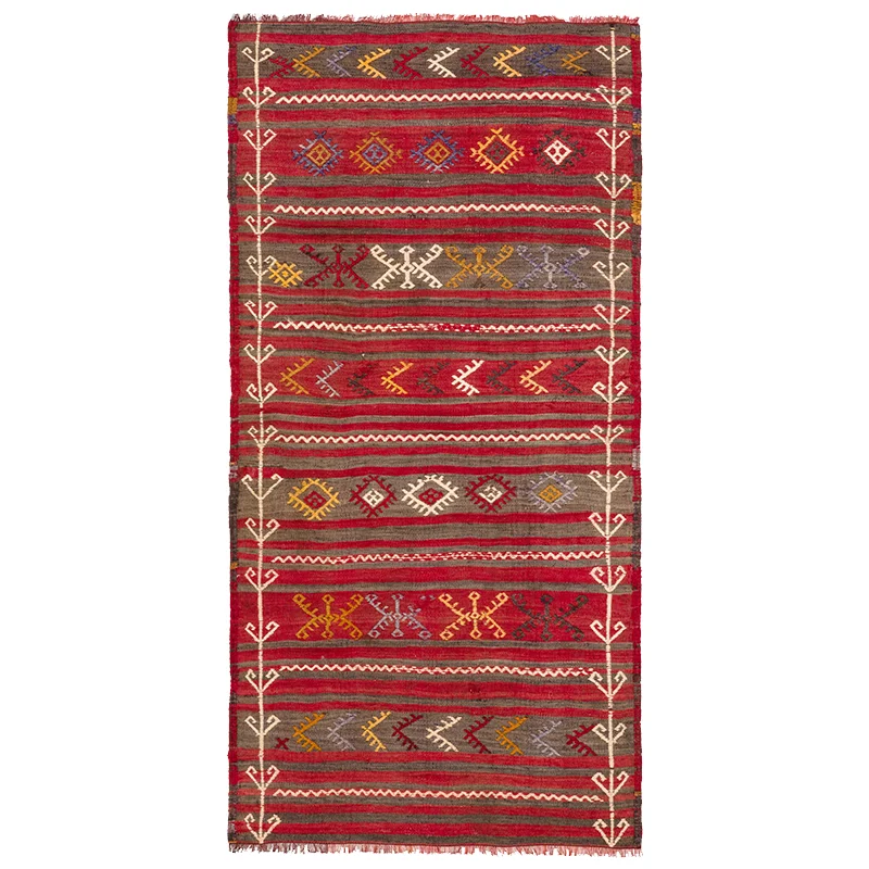 Ярко красный Денизли ковер 6x3 Племенной килим длинная лестница ручной работы