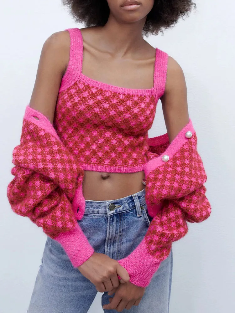 Новинка Зима 2022 женская одежда милый клетчатый вязаный жакет на пуговицах с