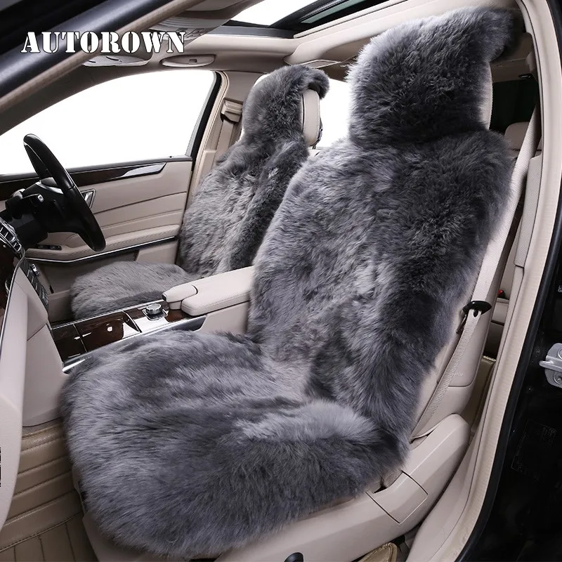 AUTOROWN Natural Australian Sheepskin Car Seat Covers For Front Seat 1pc Universal Size Car Seat Cushions Interior Accessories