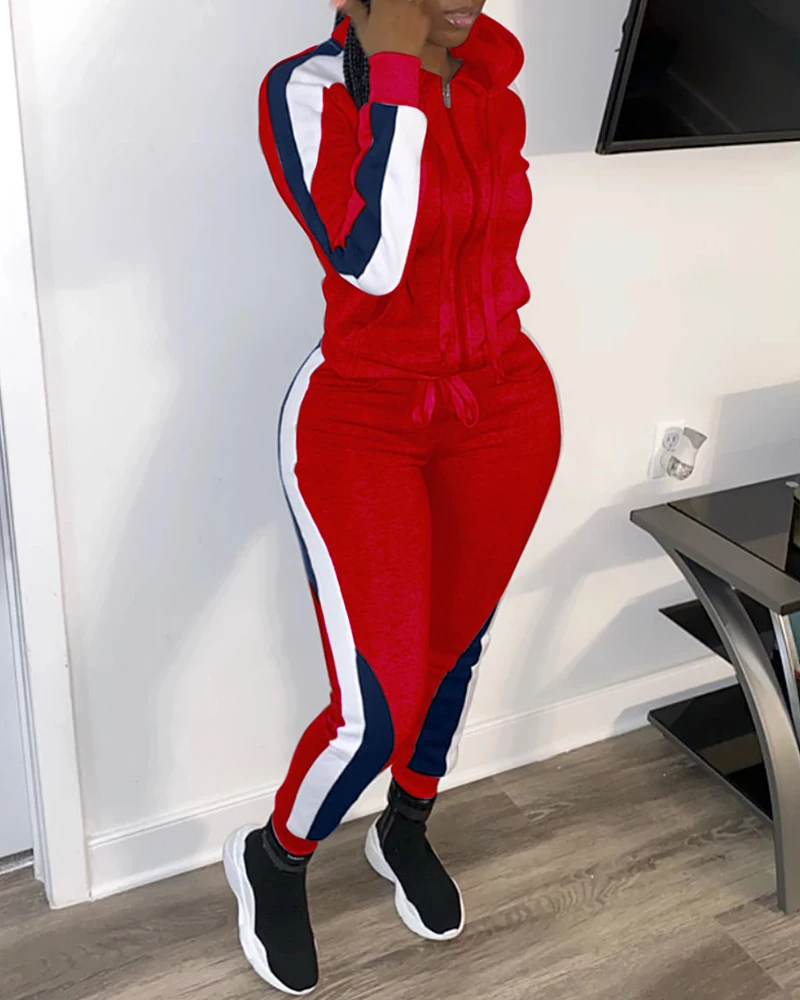 

2020 Women Fashion Elegant Zipper Hoodies Plus Size Colorblock Drawstring Design Zipped Top & Pant Sets Pocket Sweatshirt Sets