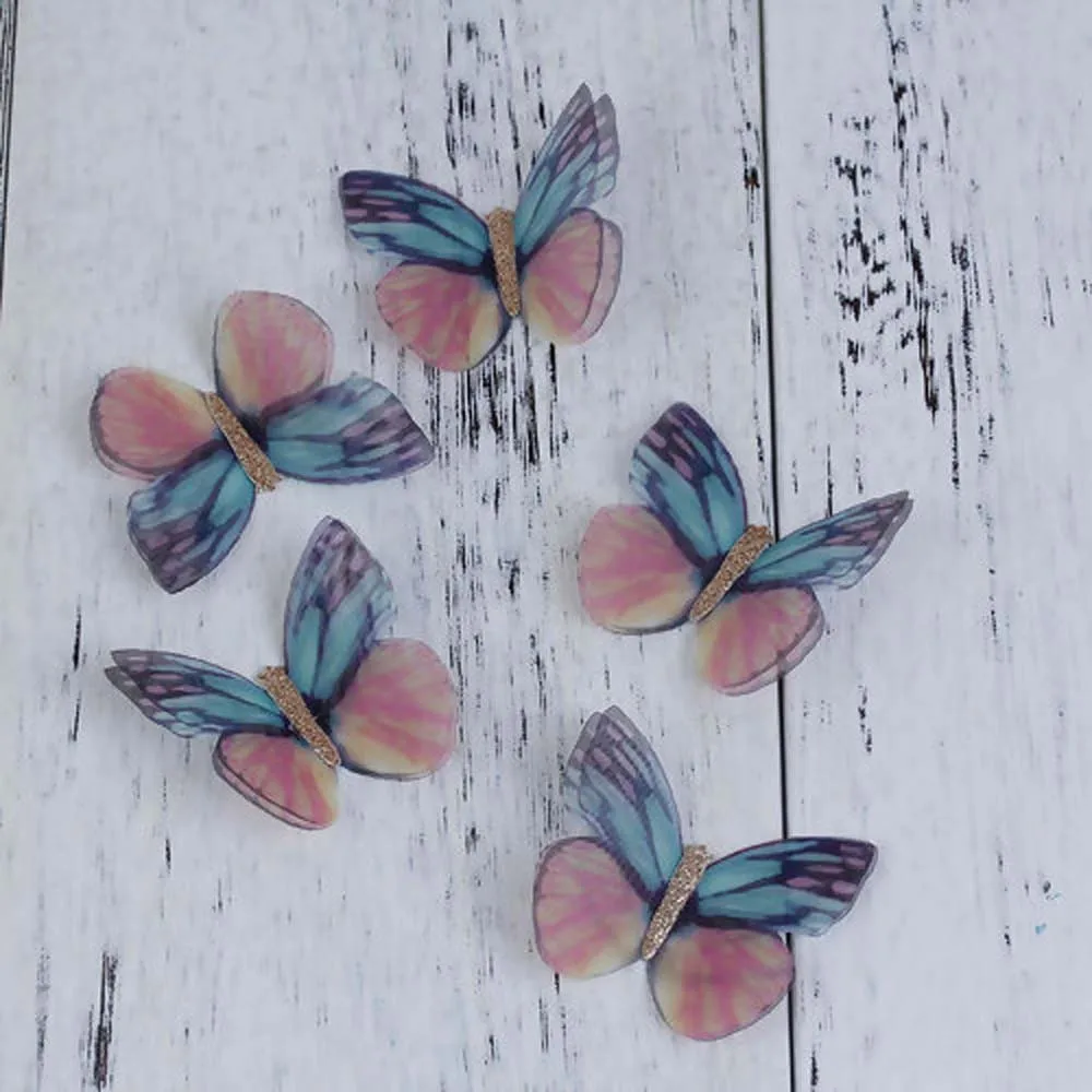 Многоцветный Simulation Butterfly Series) Blue Green Transparent Belt Bright Powder Organza Double Layer Butterfly about 5x4 cm-1 Group of 2 - Цвет: Многоцветный
