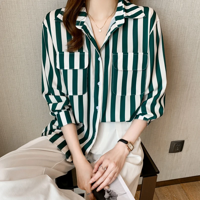

Blusas Autum Chiffon Blouse Long Sleeve White Black Striped Blouse Women Shirts Top Pocket Blouse Woman Clothes Femme Green 2021