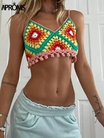 aproms multicolor geometric handmade crochet camis women summer boho spaghetti strap tank tops cool girls beach cropped top 2022