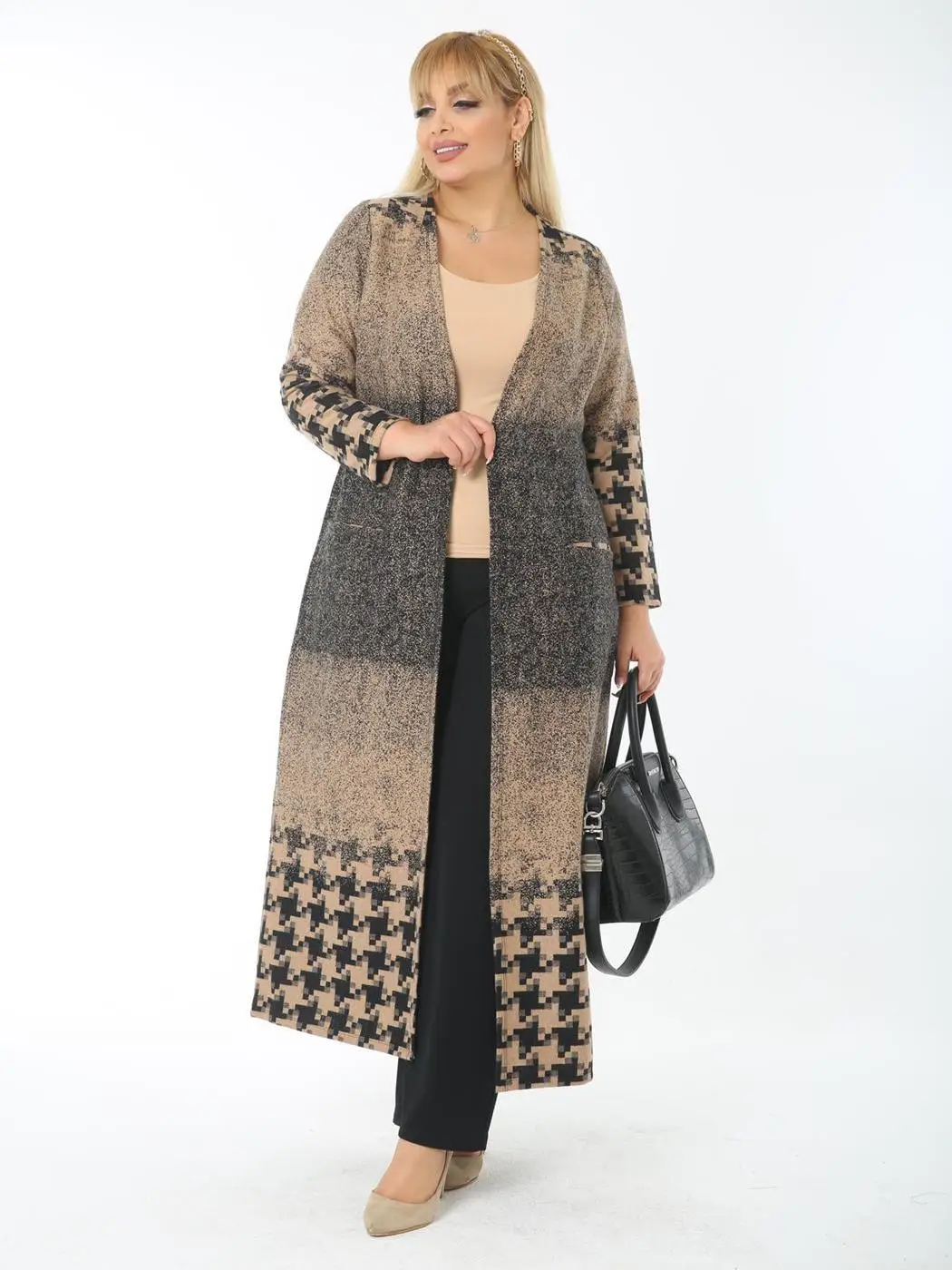 Plus Size Women's Outwear Long Cardigan 2022 Autumn Spring Multicolor Plaid Cotton V-Neck Open Stitch 2XL 3XL 4XL Made in Turkey