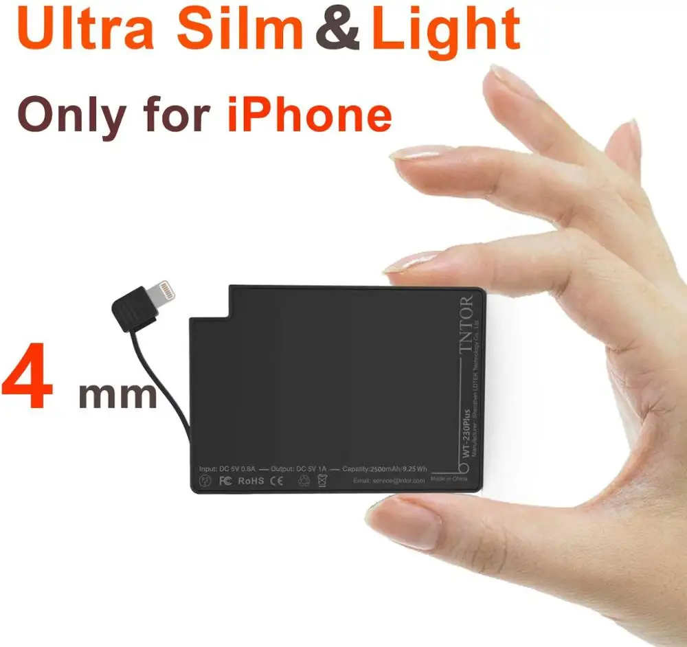 Сверхтонкий внешний аккумулятор TNTOR 2500 мАч только 4 мм Встроенный кабель