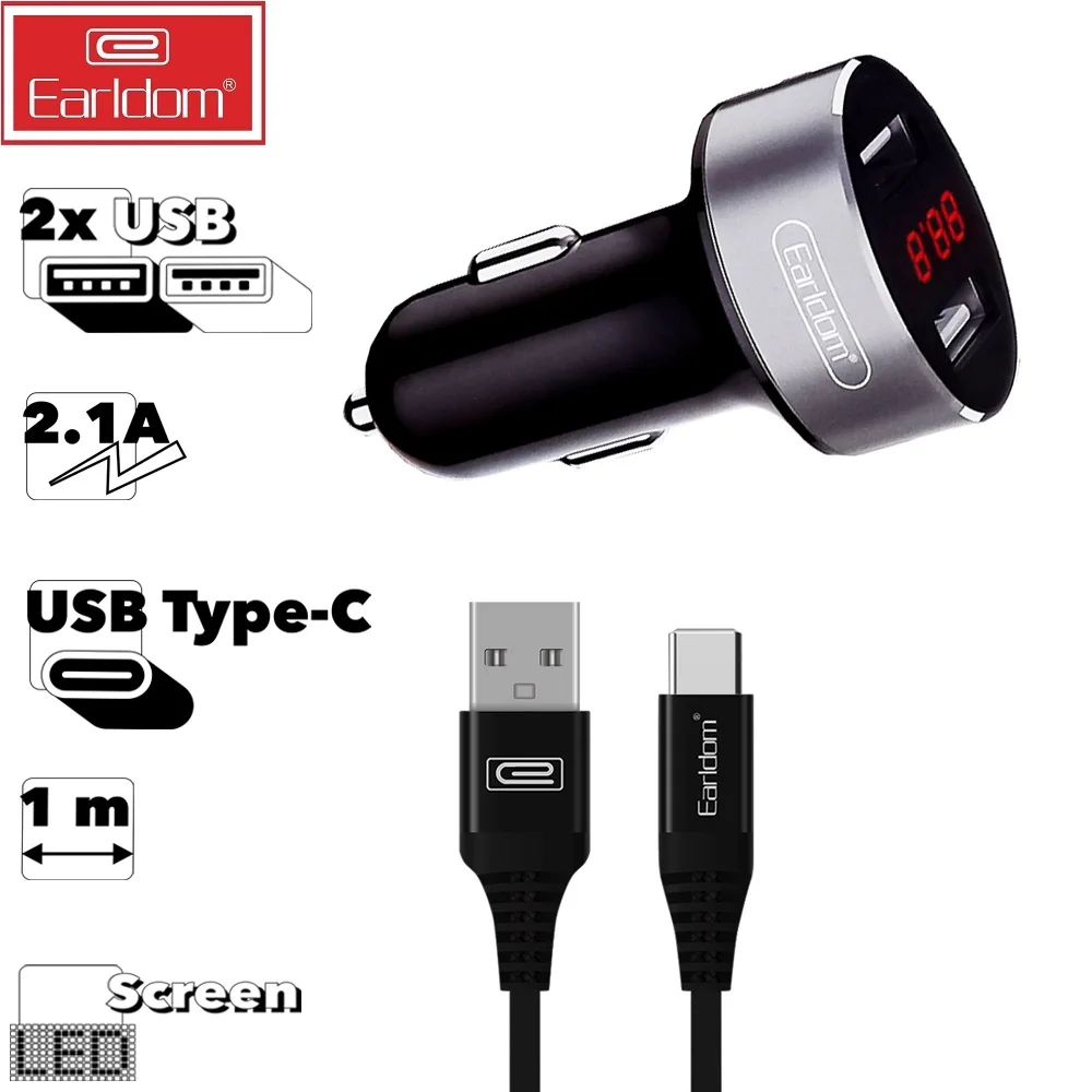 АЗУ Earldom ES-121C 2xUSB 2.1A LED дисплей + кабель Type-C 1м (черный) |